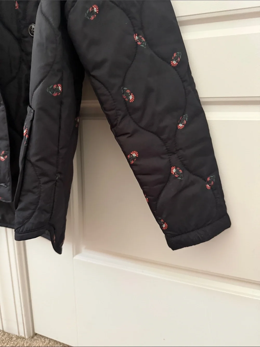 Old Navy Black Quilted Jacket with Pink Floral Design
